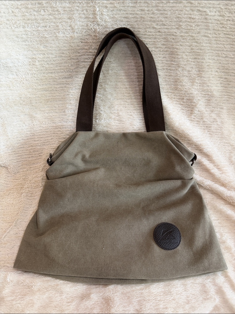 Canvas Tote Bag with Dark Brown Straps - Olive Green